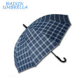 Business Check Design PG Fabric China Factory Walking Stick Curved Handle Automatic Subway Oversize Large Men's Rain Umbrella